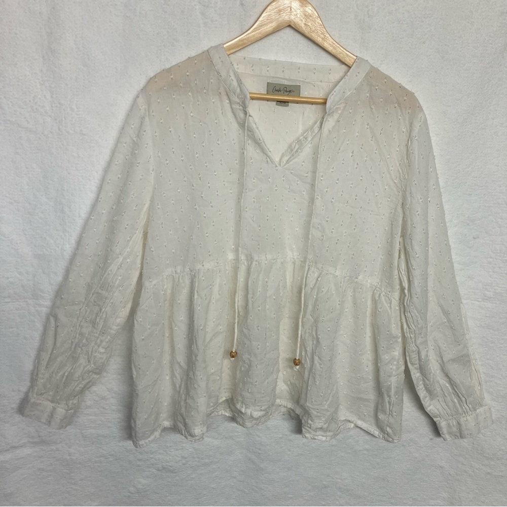 Charlie‎ Paige White Swiss Dot Boho Peplum Blouse Tie Neck XL Cottagecore - Picture 3 of 6